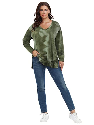 LARACE Tie Dye Sweatshirts for Women Plus Size Tops V Neck Side Split Shirt Casual Long Sleeve Pullover Tee(E-Olive 2X)