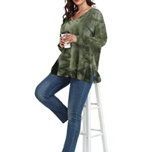 LARACE Tie Dye Sweatshirts for Women Plus Size Tops V Neck Side Split Shirt Casual Long Sleeve Pullover Tee(E-Olive 2X)