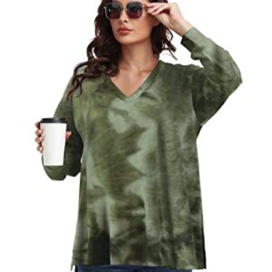 LARACE Tie Dye Sweatshirts for Women Plus Size Tops V Neck Side Split Shirt Casual Long Sleeve Pullover Tee(E-Olive 2X)