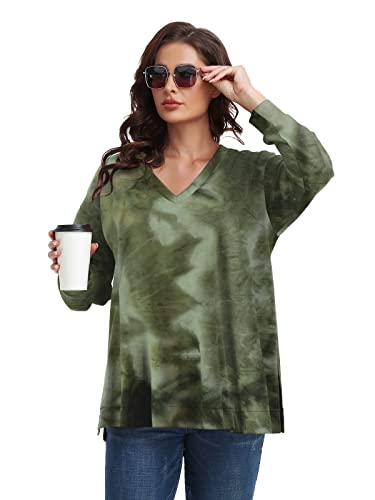 LARACE Tie Dye Sweatshirts for Women Plus Size Tops V Neck Side Split Shirt Casual Long Sleeve Pullover Tee(E-Olive 2X)