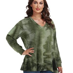 LARACE Tie Dye Sweatshirts for Women Plus Size Tops V Neck Side Split Shirt Casual Long Sleeve Pullover Tee(E-Olive 2X)