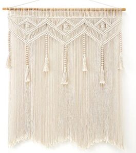mkono macrame wall hanging large boho decor woven wall tapestry chic art tassel christmas decoration for backdrop over bed bedroom nursery dorm classroom, including hanging rod, 36''w x 42''h