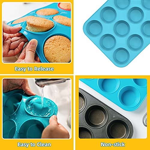 Katbite Silicone Cupcake Baking Cups 24 Pack & Katbite Silicone Muffin Pan 12 Cups (Blue)