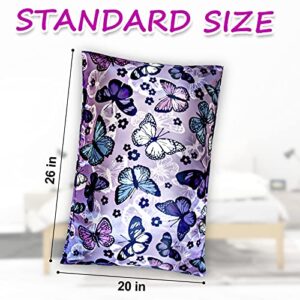 Silk Satin Pillowcase for Hair and Skin Soft Satin Pillow Cases Standard Size Pack of 2, Wrinkle, Fade-Resistant with Envelope Closure (20’’x26’’, Purple, Butterflies & Flower)