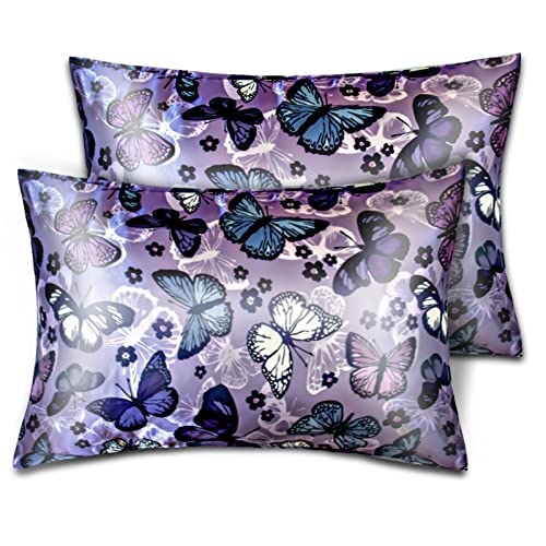 Silk Satin Pillowcase for Hair and Skin Soft Satin Pillow Cases Standard Size Pack of 2, Wrinkle, Fade-Resistant with Envelope Closure (20’’x26’’, Purple, Butterflies & Flower)