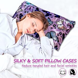 Silk Satin Pillowcase for Hair and Skin Soft Satin Pillow Cases Standard Size Pack of 2, Wrinkle, Fade-Resistant with Envelope Closure (20’’x26’’, Purple, Butterflies & Flower)