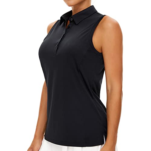 Casei Women's Sleeveless Golf Polo Shirts UPF 50+ Quick Dry Collared Polo Shirts Athletic Tank Tops Shirts (Black,M)