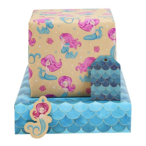 BIOBROWN Wrapping Paper Sheet Mermaid Design with Gift Tags for Birthday Girls Kraft Wrapping Paper Folded Flat 27.5 inch X 39.4 inch per Sheet Total 2 Large Sheets