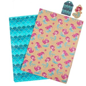 BIOBROWN Wrapping Paper Sheet Mermaid Design with Gift Tags for Birthday Girls Kraft Wrapping Paper Folded Flat 27.5 inch X 39.4 inch per Sheet Total 2 Large Sheets