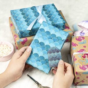 BIOBROWN Wrapping Paper Sheet Mermaid Design with Gift Tags for Birthday Girls Kraft Wrapping Paper Folded Flat 27.5 inch X 39.4 inch per Sheet Total 2 Large Sheets