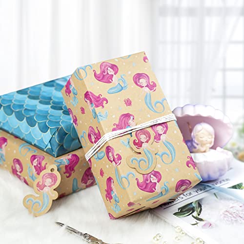 BIOBROWN Wrapping Paper Sheet Mermaid Design with Gift Tags for Birthday Girls Kraft Wrapping Paper Folded Flat 27.5 inch X 39.4 inch per Sheet Total 2 Large Sheets