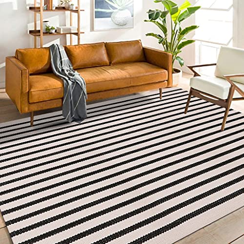 LEEVAN Black and White Striped Outdoor Area Rug 4x6 ft Patio Rugs Washable Woven Cotton Boho Living Room Rug Farmhouse Collection Large Floor Carpet for Courtyard/Bedroom