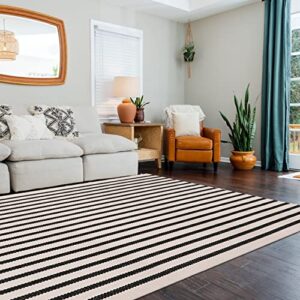 LEEVAN Black and White Striped Outdoor Area Rug 4x6 ft Patio Rugs Washable Woven Cotton Boho Living Room Rug Farmhouse Collection Large Floor Carpet for Courtyard/Bedroom