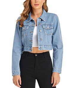 peiqi women’s cropped jean denim jacket button down long sleeve with pockets light blue medium