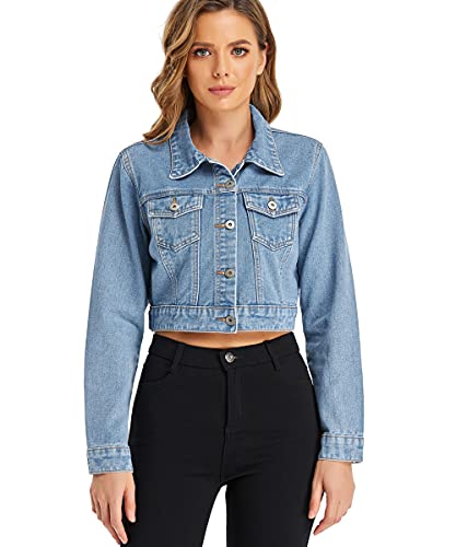 PEIQI Women’s Cropped Jean Denim Jacket Button Down Long Sleeve with Pockets Light Blue Medium