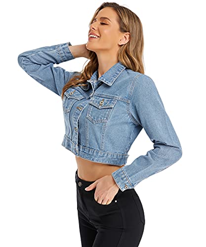 PEIQI Women’s Cropped Jean Denim Jacket Button Down Long Sleeve with Pockets Light Blue Medium