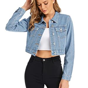 PEIQI Women’s Cropped Jean Denim Jacket Button Down Long Sleeve with Pockets Light Blue Medium