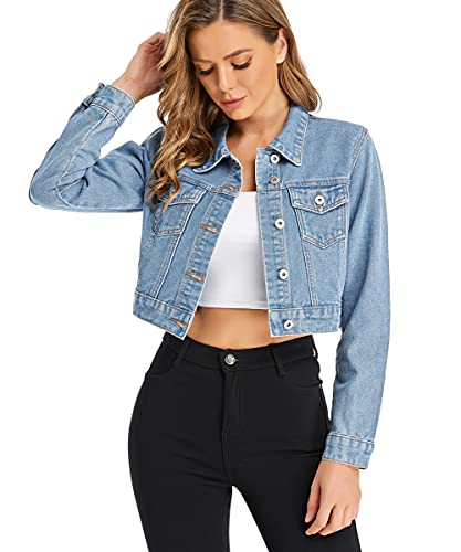 PEIQI Women’s Cropped Jean Denim Jacket Button Down Long Sleeve with Pockets Light Blue Medium