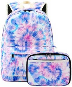 camtop backpack for girls kids school backpack with lunch box preschool kindergarten bookbag set (tie-dye blue purple)