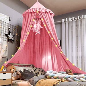 hommi lovvi bed canopy for girls, dreamy frills ceiling hanging princess canopy bedroom decoration soft canopy net reading nook, extra large full queen size bed canopies - pink