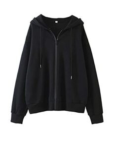 meladyan women oversized solid zip up hoodie drawstring hooded long sleeve fleece vintage sweatshirts jackets pockets 90s black
