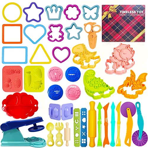 Jaeespon Dough Tools for Kids Play-41 Pieces Dough Play Set Accessories with Fruit Dinosaur Plastic Molds Roller Cutter Scissor, Preschool Arts Toys Kit Gift for Age 2-8 Girls Boys