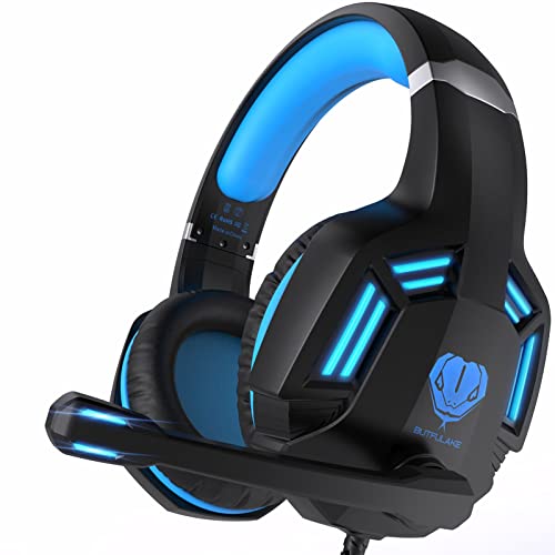 Headsets for Xbox One, PS4, PC, Nintendo Switch, Mac, Gaming Headset with Stereo Surround Sound, Over Ear Gaming Headphones with Noise Canceling Mic, LED Light (Headsets for Xbox/Blue New)