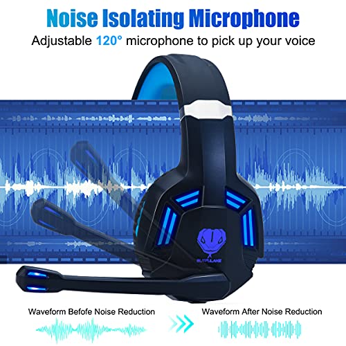 Headsets for Xbox One, PS4, PC, Nintendo Switch, Mac, Gaming Headset with Stereo Surround Sound, Over Ear Gaming Headphones with Noise Canceling Mic, LED Light (Headsets for Xbox/Blue New)