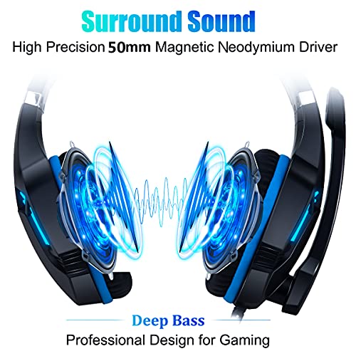 Headsets for Xbox One, PS4, PC, Nintendo Switch, Mac, Gaming Headset with Stereo Surround Sound, Over Ear Gaming Headphones with Noise Canceling Mic, LED Light (Headsets for Xbox/Blue New)