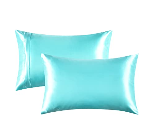 Alexandra's Secret Home Collection Satin Pillowcase for Hair and Skin, Pack of 2 - Feels Like Real Silk Pillow Cover - Satin Pillow Cases Set of 2 with Zipper Closure (Aqua, Standard)