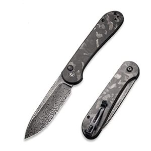 civivi pocket folding knife with 3.47" damascus blade marble carbon fiber handle, button lock elementum knife for edc c2103ds-3