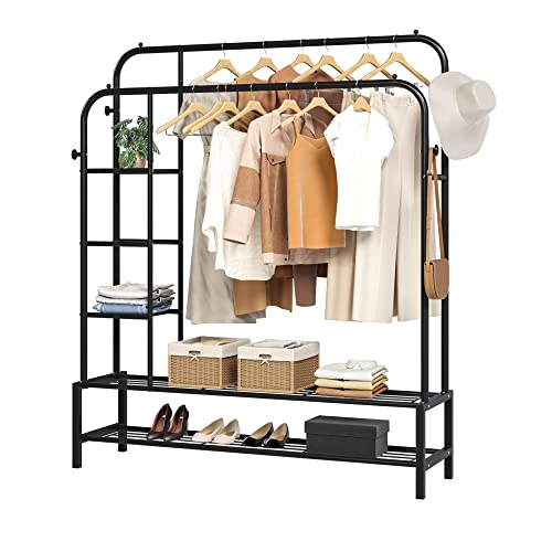 JOISCOPE Double Rods Portable Garment Rack for Hanging clothes, 49 * 66 Inch Metal Clothing Rack with Bottom Shelves and 4 Hooks,Freestanding Clothes Rack for Bedroom,Space Saving, Black