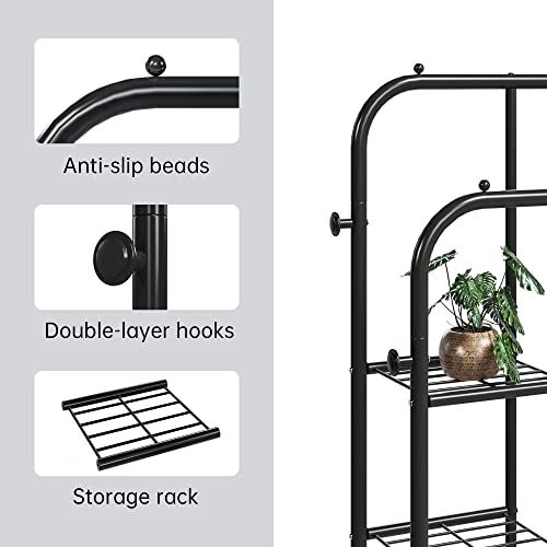 JOISCOPE Double Rods Portable Garment Rack for Hanging clothes, 49 * 66 Inch Metal Clothing Rack with Bottom Shelves and 4 Hooks,Freestanding Clothes Rack for Bedroom,Space Saving, Black