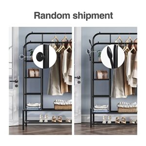 JOISCOPE Double Rods Portable Garment Rack for Hanging clothes, 49 * 66 Inch Metal Clothing Rack with Bottom Shelves and 4 Hooks,Freestanding Clothes Rack for Bedroom,Space Saving, Black