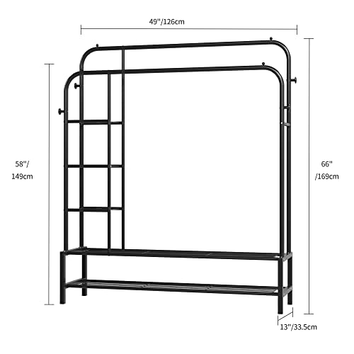 JOISCOPE Double Rods Portable Garment Rack for Hanging clothes, 49 * 66 Inch Metal Clothing Rack with Bottom Shelves and 4 Hooks,Freestanding Clothes Rack for Bedroom,Space Saving, Black