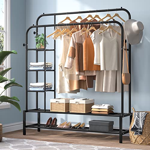 JOISCOPE Double Rods Portable Garment Rack for Hanging clothes, 49 * 66 Inch Metal Clothing Rack with Bottom Shelves and 4 Hooks,Freestanding Clothes Rack for Bedroom,Space Saving, Black