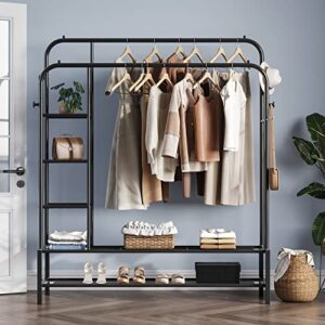 JOISCOPE Double Rods Portable Garment Rack for Hanging clothes, 49 * 66 Inch Metal Clothing Rack with Bottom Shelves and 4 Hooks,Freestanding Clothes Rack for Bedroom,Space Saving, Black