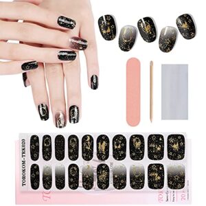 semi cured gel nail strips, torokom 20 stickers black star moon gel nail polish stickers wraps adhesive gel nail stickers with nail file stick and sealing strip (uv/led lamp required)