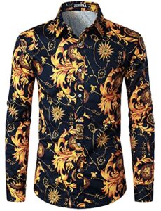 zeroyaa men's luxury printed slim fit long sleeve casual button down stretch floral shirt zlcl37-103-navy medium