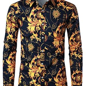 ZEROYAA Men's Luxury Printed Slim Fit Long Sleeve Casual Button Down Stretch Floral Shirt ZLCL37-103-Navy Medium