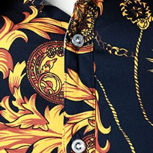 ZEROYAA Men's Luxury Printed Slim Fit Long Sleeve Casual Button Down Stretch Floral Shirt ZLCL37-103-Navy Medium