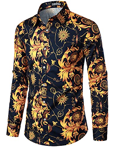 ZEROYAA Men's Luxury Printed Slim Fit Long Sleeve Casual Button Down Stretch Floral Shirt ZLCL37-103-Navy Medium