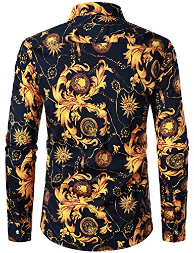 ZEROYAA Men's Luxury Printed Slim Fit Long Sleeve Casual Button Down Stretch Floral Shirt ZLCL37-103-Navy Medium