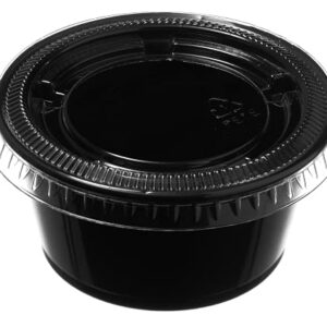 2 Oz Leak Proof Black Plastic Condiment Souffle Containers with Lids - Plastic Black Portion Cups with Plastic Lid Perfect for Sauces, Samples, Slime, Jello Shot, Food Storage (2 Ounce) (125)