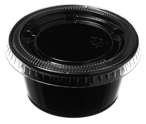 2 Oz Leak Proof Black Plastic Condiment Souffle Containers with Lids - Plastic Black Portion Cups with Plastic Lid Perfect for Sauces, Samples, Slime, Jello Shot, Food Storage (2 Ounce) (125)