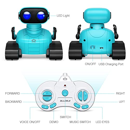 ALLCELE Robot Toys, Rechargeable RC Robots for Kids Boys, Remote Control Toy with Music and LED Eyes, Gift for Children Age 3 Years and Up - Blue