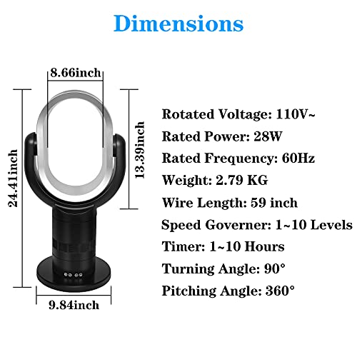 Simple Deluxe Portable Bladeless Tower Fan, 10 Speeds Settings, 10-Hour Timing Closure, Low Noise, Lightweight, 24 Inches, Black