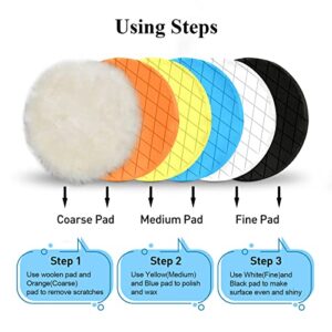 Autolock 6" Buffing Polishing Pads, 6Pcs 6.5inch 165mm Face for 6 Inch Backing Plate Compound Buffing Sponge and Woolen Pads Cutting Polishing Pad Kit for Car Buffer Polisher, Polishing and Waxing