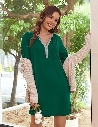 Ekouaer Women's Nightshirt Long Sleeve Button Down Nightgown V-Neck Sleepwear Pajama Dress Green