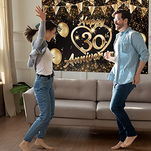 5665 Happy 30th Anniversary Backdrop Banner Decor Black Gold – Glitter Love Heart Happy 30 Years Wedding Anniversary Party Theme Decorations for Women Men Supplies